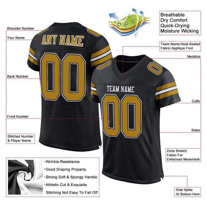 Custom Black Old Gold-White Mesh Football Jersey