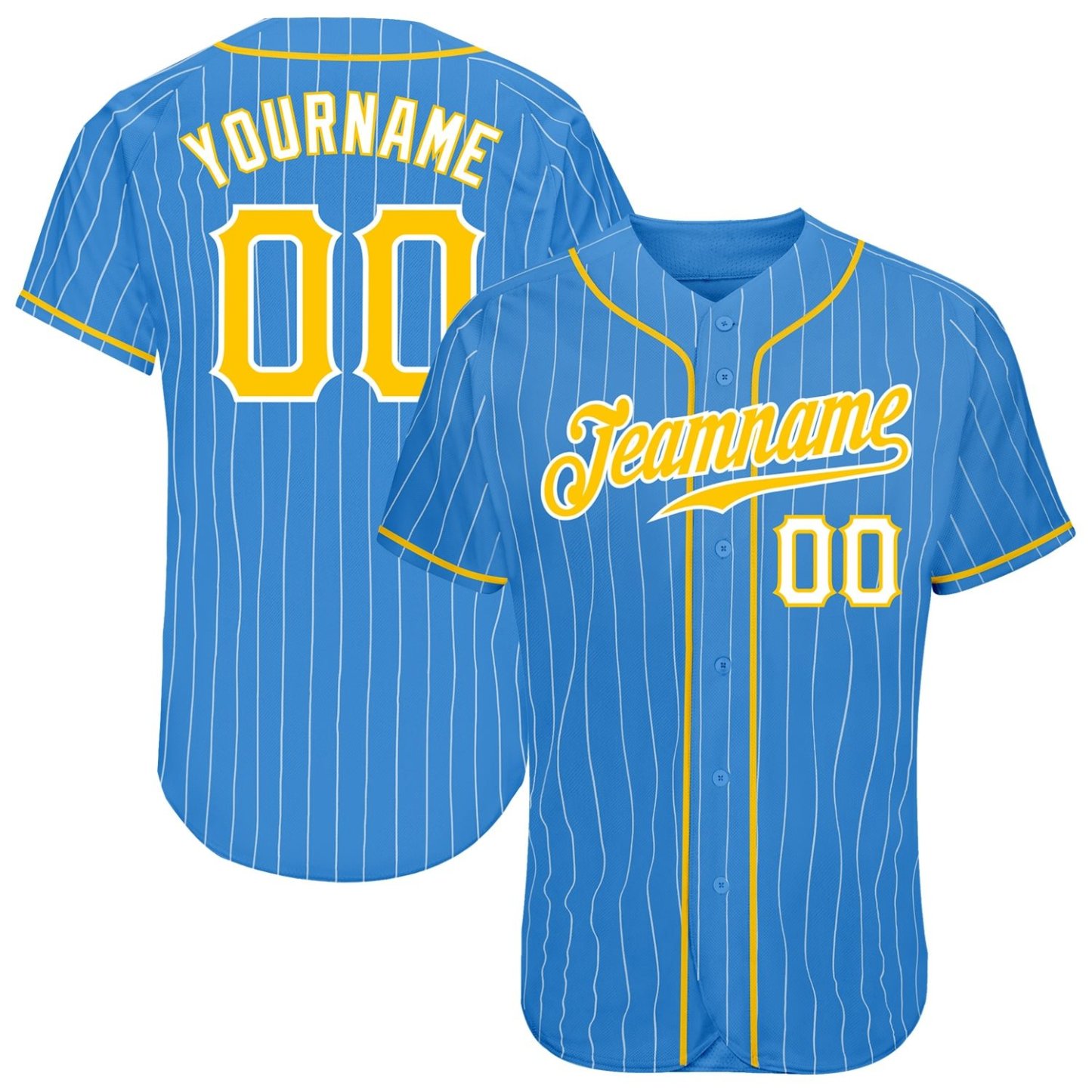 Custom Powder Blue White Pinstripe Gold-White Baseball Jersey