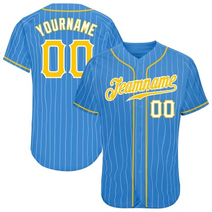 Custom Powder Blue White Pinstripe Gold-White Baseball Jersey