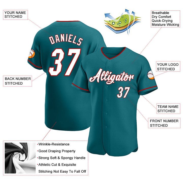 Custom Teal White-Red Baseball Jersey