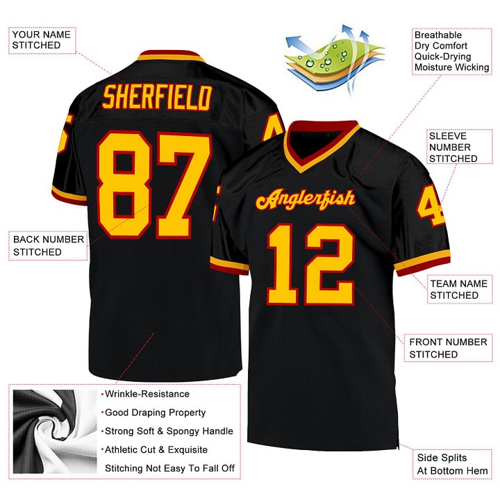 Custom Black Gold-Red MeshThrowback Football Jersey