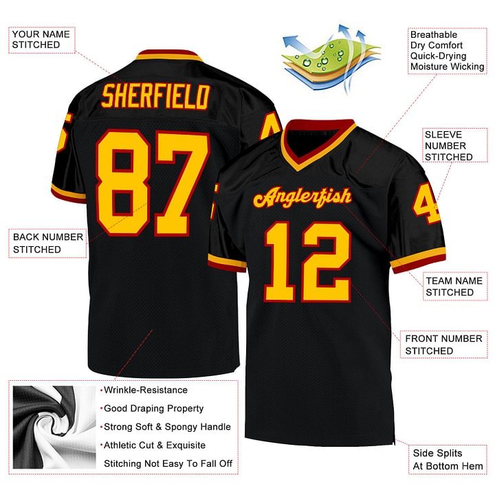 Custom Black Gold-Red MeshThrowback Football Jersey