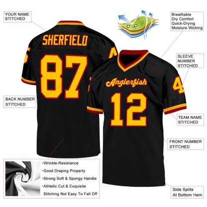 Custom Black Gold-Red MeshThrowback Football Jersey