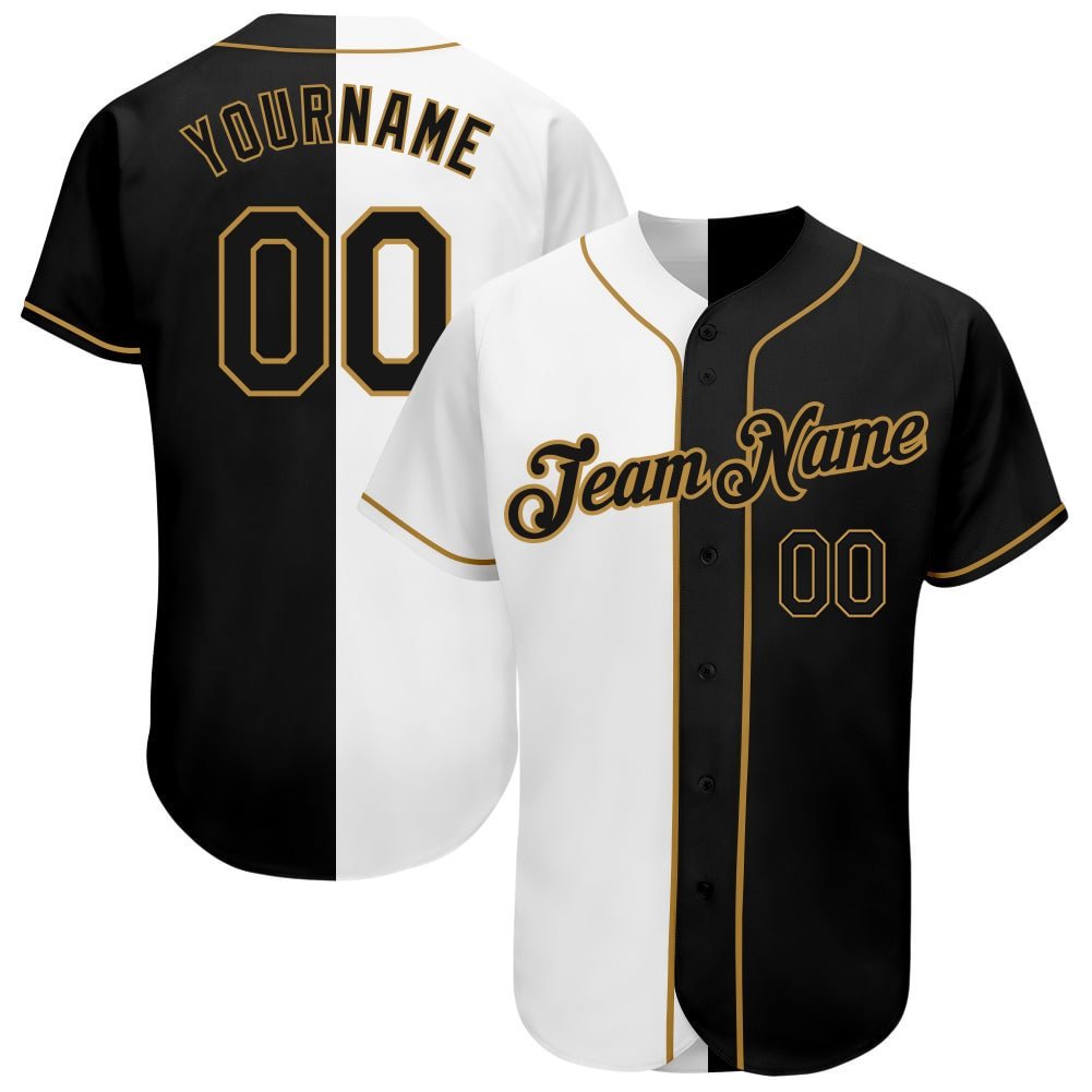 Custom White-Black Old Gold Split Fashion Baseball Jersey