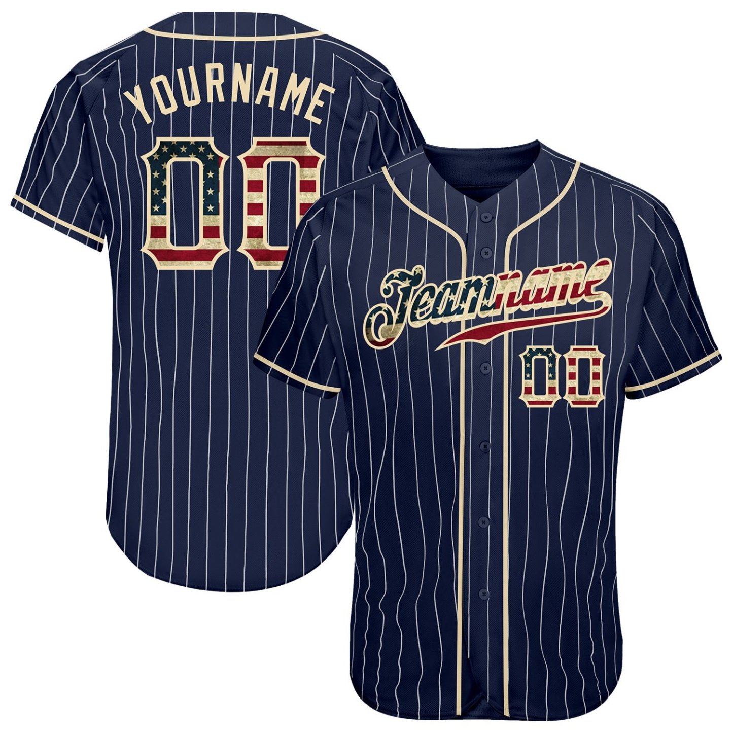 Custom Navy White Pinstripe Vintage USA Flag-Cream Baseball Jersey
