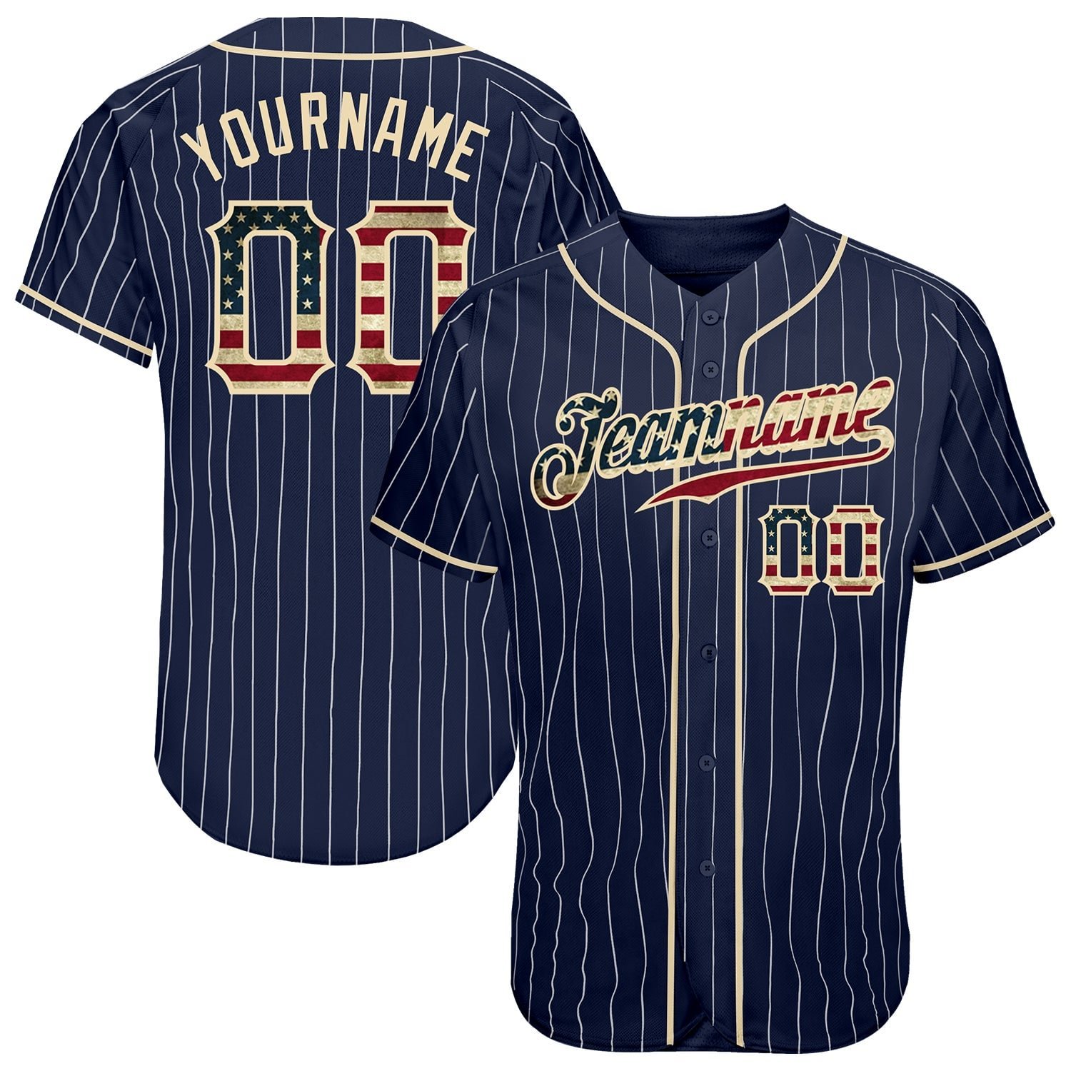 Custom Navy White Pinstripe Vintage USA Flag-Cream Baseball Jersey
