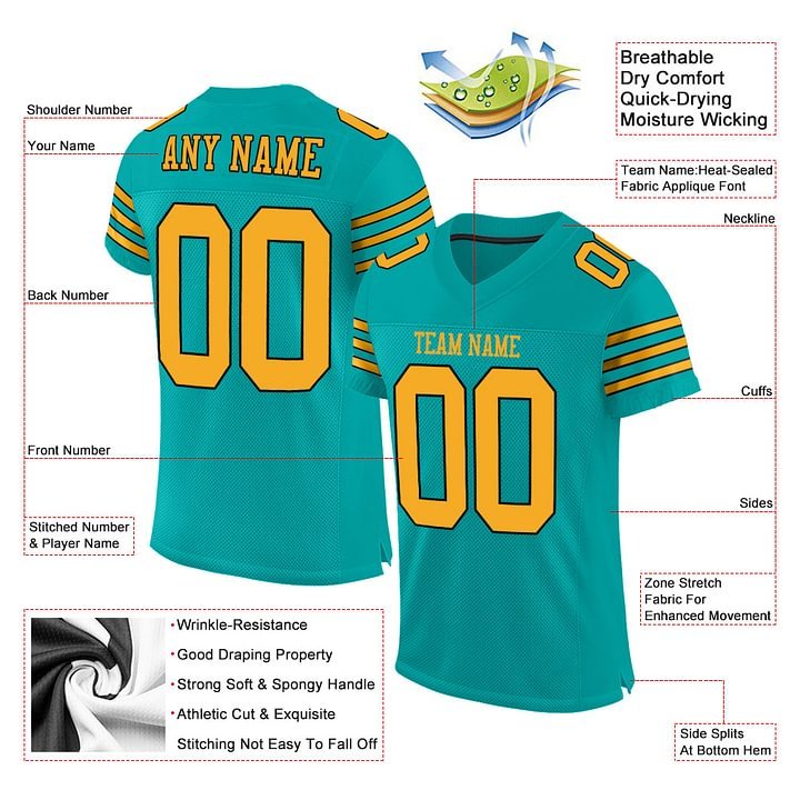 Custom Aqua Gold-Black Mesh Football Jersey