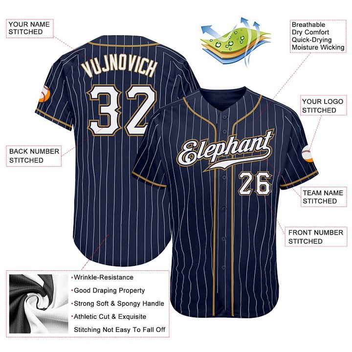 Custom Navy White Pinstripe White-Old Gold Baseball Jersey