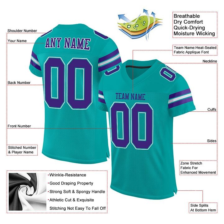 Custom Aqua Purple-White Mesh Football Jersey