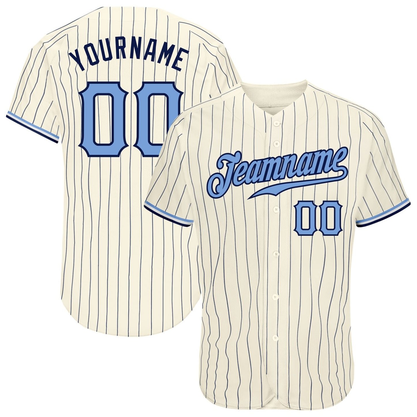 Custom Baseball Jersey Cream Navy Pinstripe Light Blue-Navy