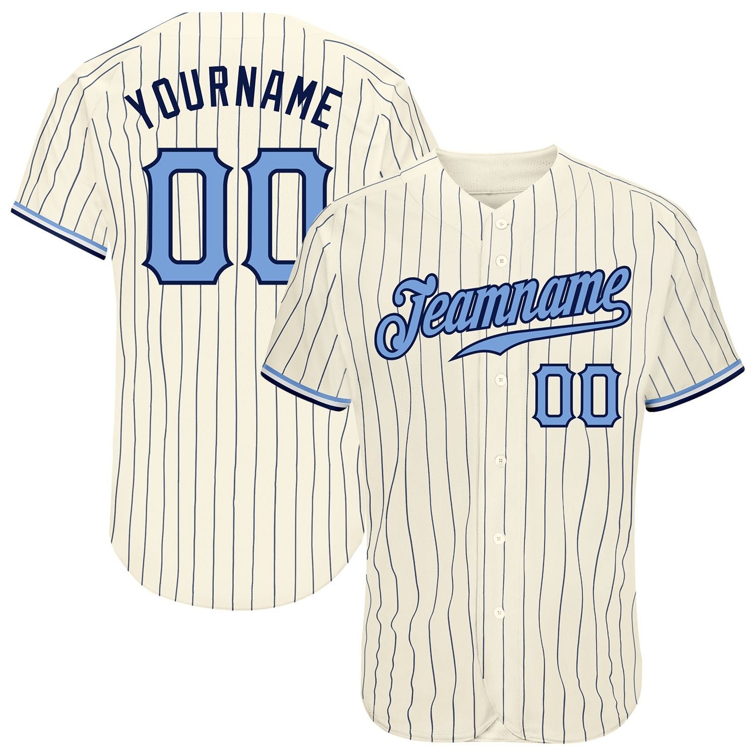 Custom Baseball Jersey Cream Navy Pinstripe Light Blue-Navy
