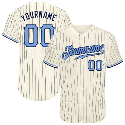 Custom Baseball Jersey Cream Navy Pinstripe Light Blue-Navy