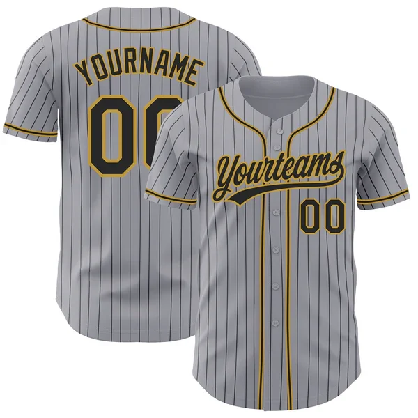 Custom Gray Black Pinstripe Black-Old Gold Baseball Jersey