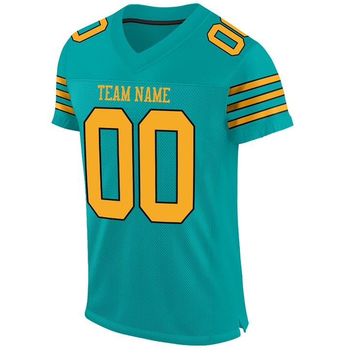 Custom Aqua Gold-Black Mesh Football Jersey