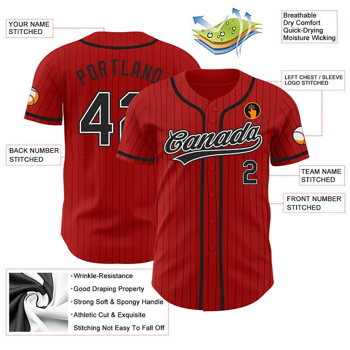 Custom Red Black Pinstripe Black-White Baseball Jersey