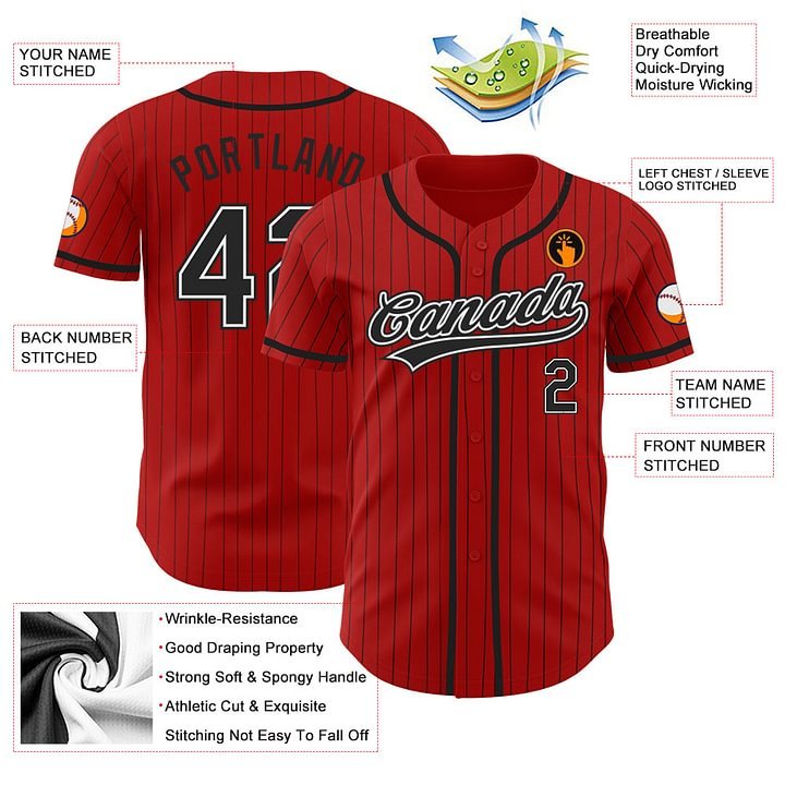 Custom Red Black Pinstripe Black-White Baseball Jersey
