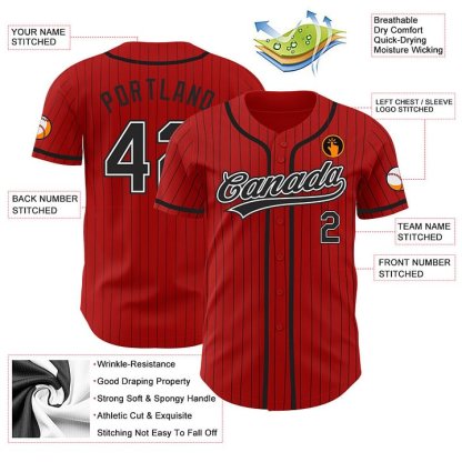 Custom Red Black Pinstripe Black-White Baseball Jersey