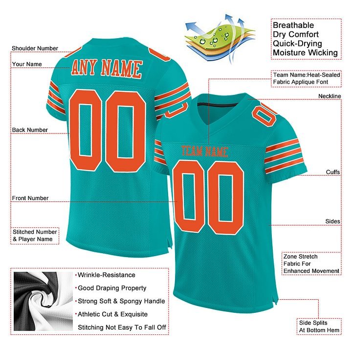 Custom Aqua Orange-White Mesh Football Jersey