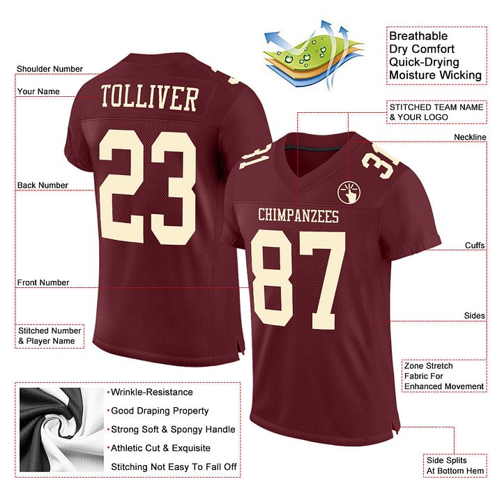 Custom Burgundy Cream Mesh Football Jersey