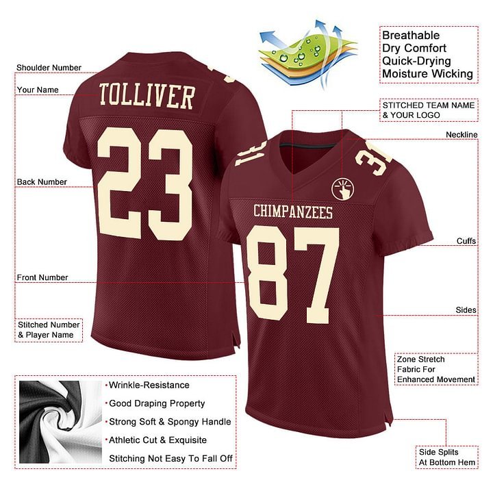 Custom Burgundy Cream Mesh Football Jersey
