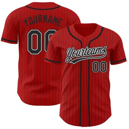 Custom Red Black Pinstripe Black-White Baseball Jersey