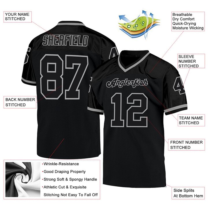 Custom Black Black-Gray Mesh Throwback Football Jersey