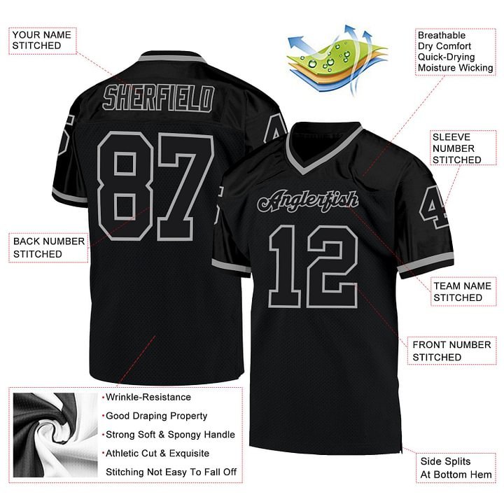 Custom Black Black-Gray Mesh Throwback Football Jersey