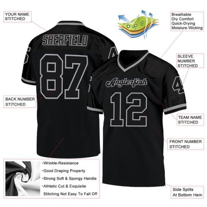 Custom Black Black-Gray Mesh Throwback Football Jersey