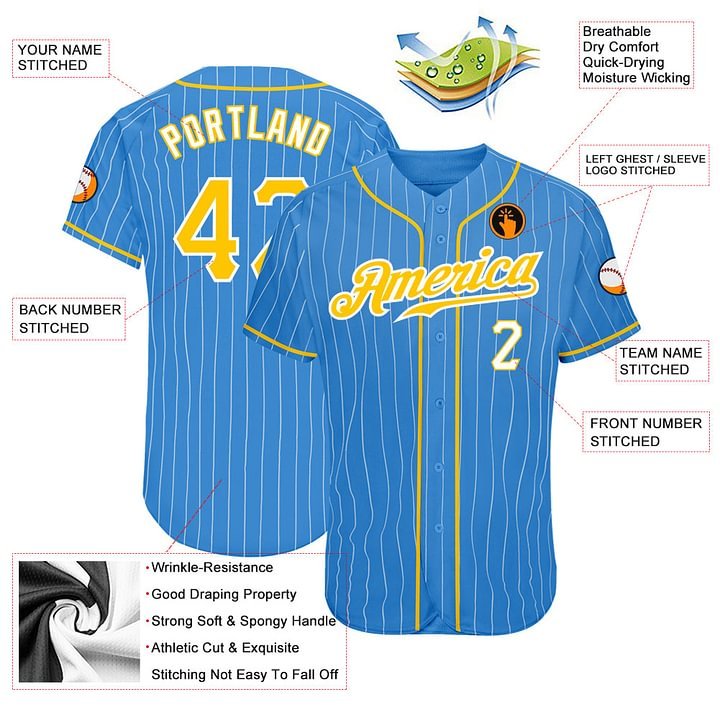 Custom Powder Blue White Pinstripe Gold-White Baseball Jersey