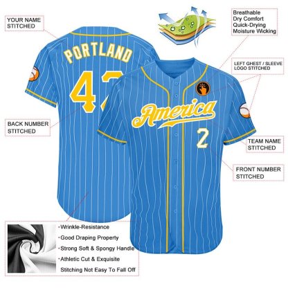 Custom Powder Blue White Pinstripe Gold-White Baseball Jersey
