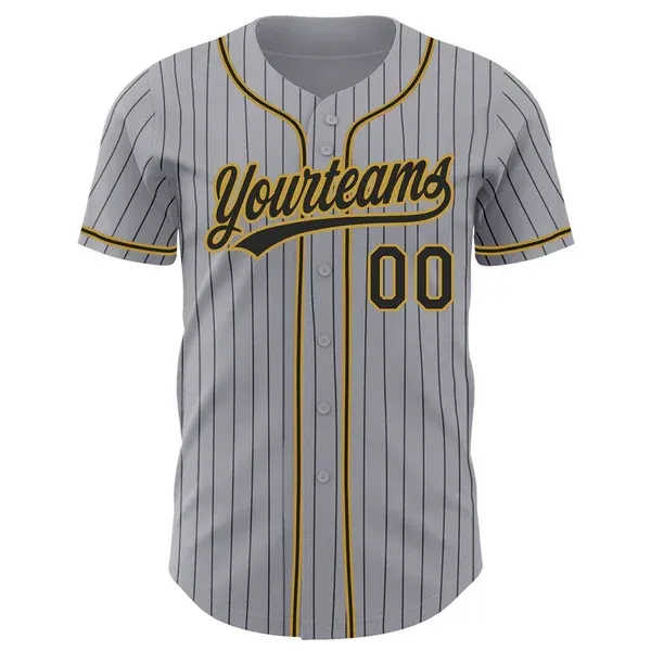 Custom Gray Black Pinstripe Black-Old Gold Baseball Jersey