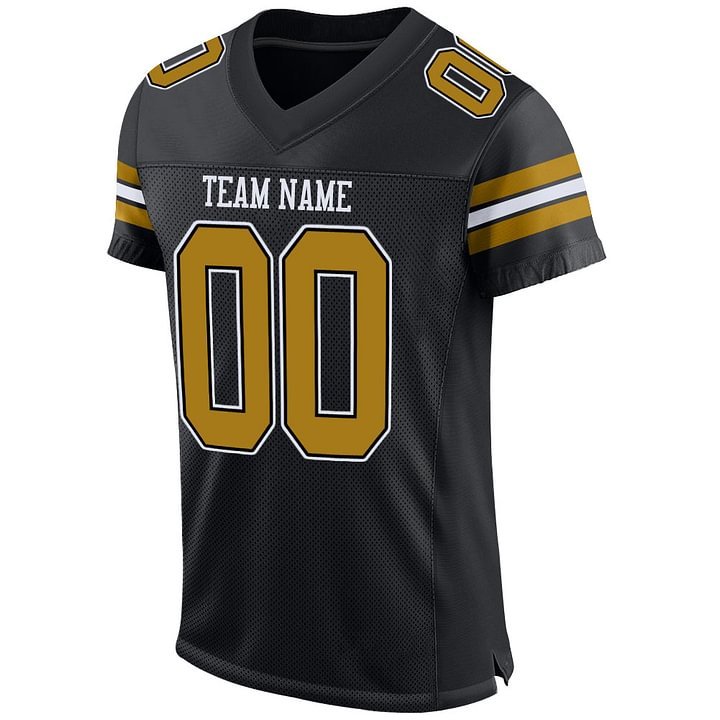 Custom Black Old Gold-White Mesh Football Jersey