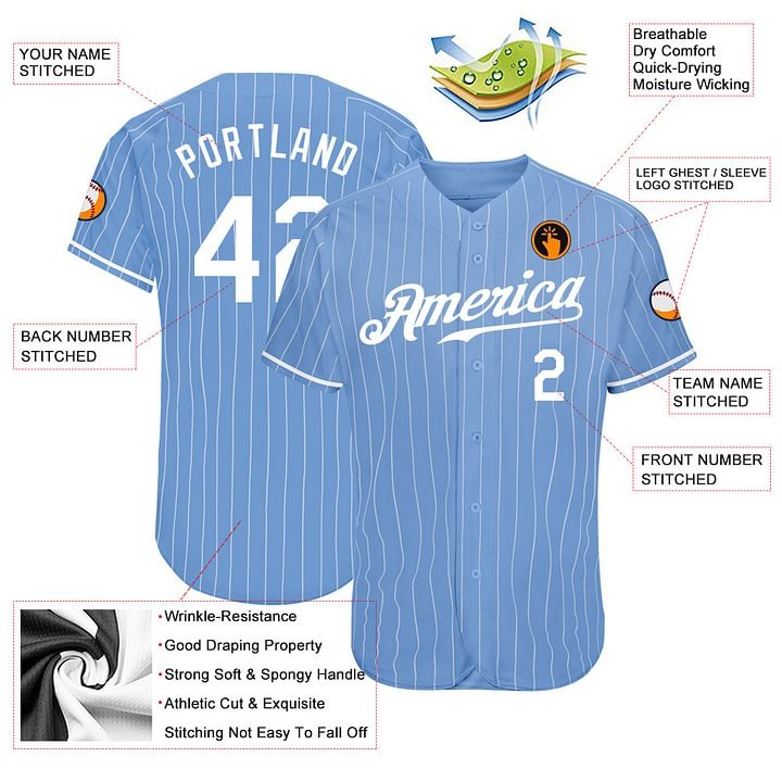 Custom Light Blue White Pinstripe White Baseball Jersey