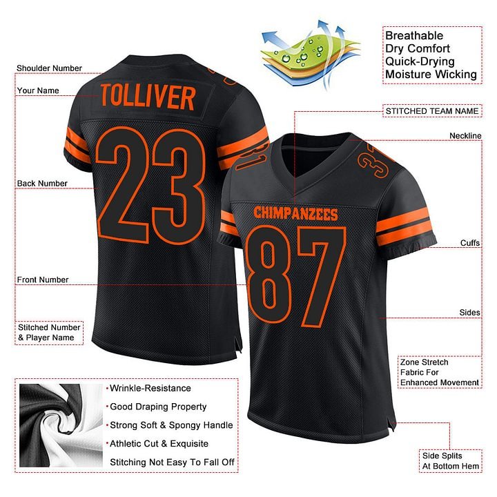 Custom Black Black-Orange MeshFootball Jersey