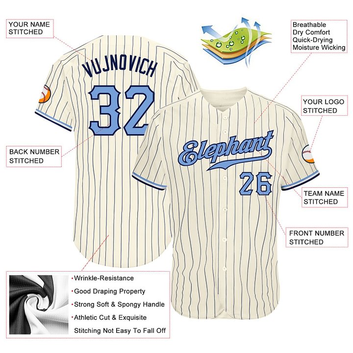 Custom Baseball Jersey Cream Navy Pinstripe Light Blue-Navy