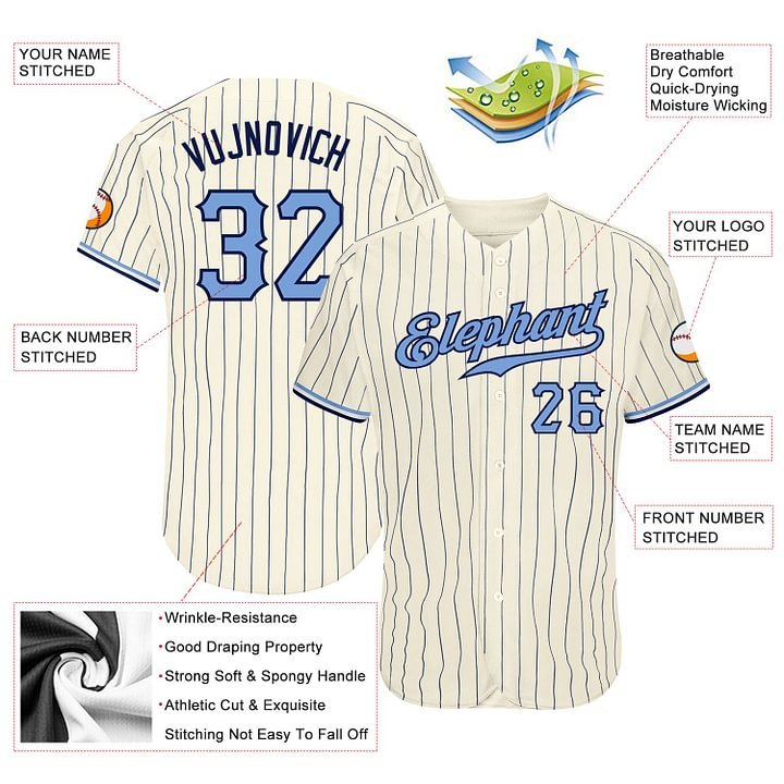 Custom Baseball Jersey Cream Navy Pinstripe Light Blue-Navy
