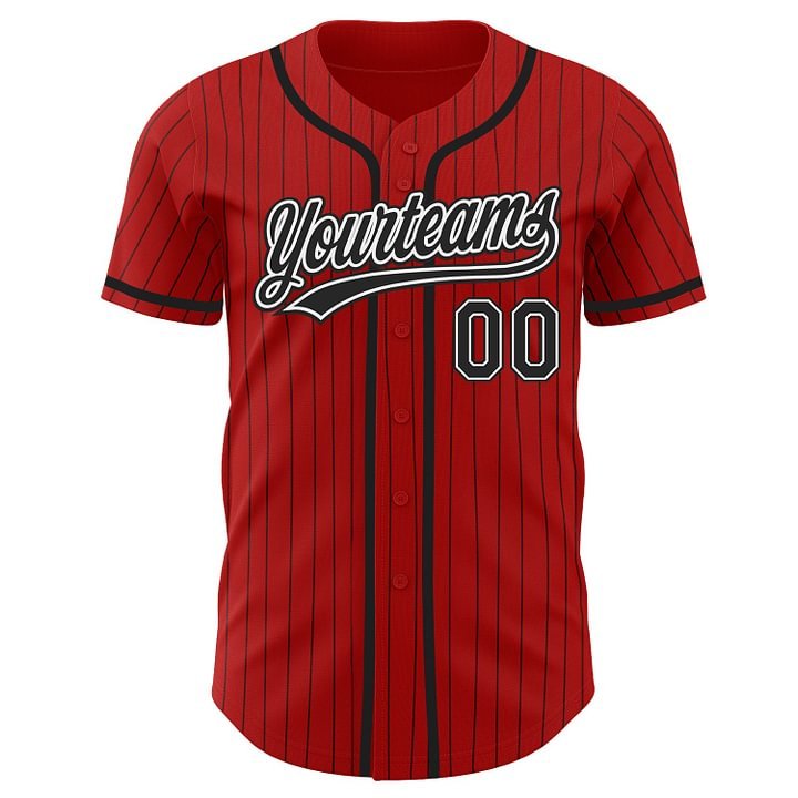 Custom Red Black Pinstripe Black-White Baseball Jersey