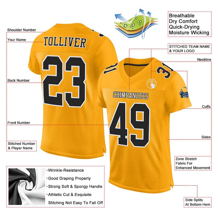 Custom Gold Black-White Mesh Football Jersey