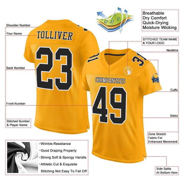 Custom Gold Black-White Mesh Football Jersey