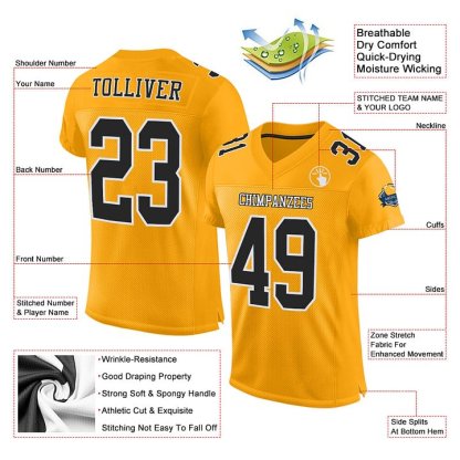Custom Gold Black-White Mesh Football Jersey