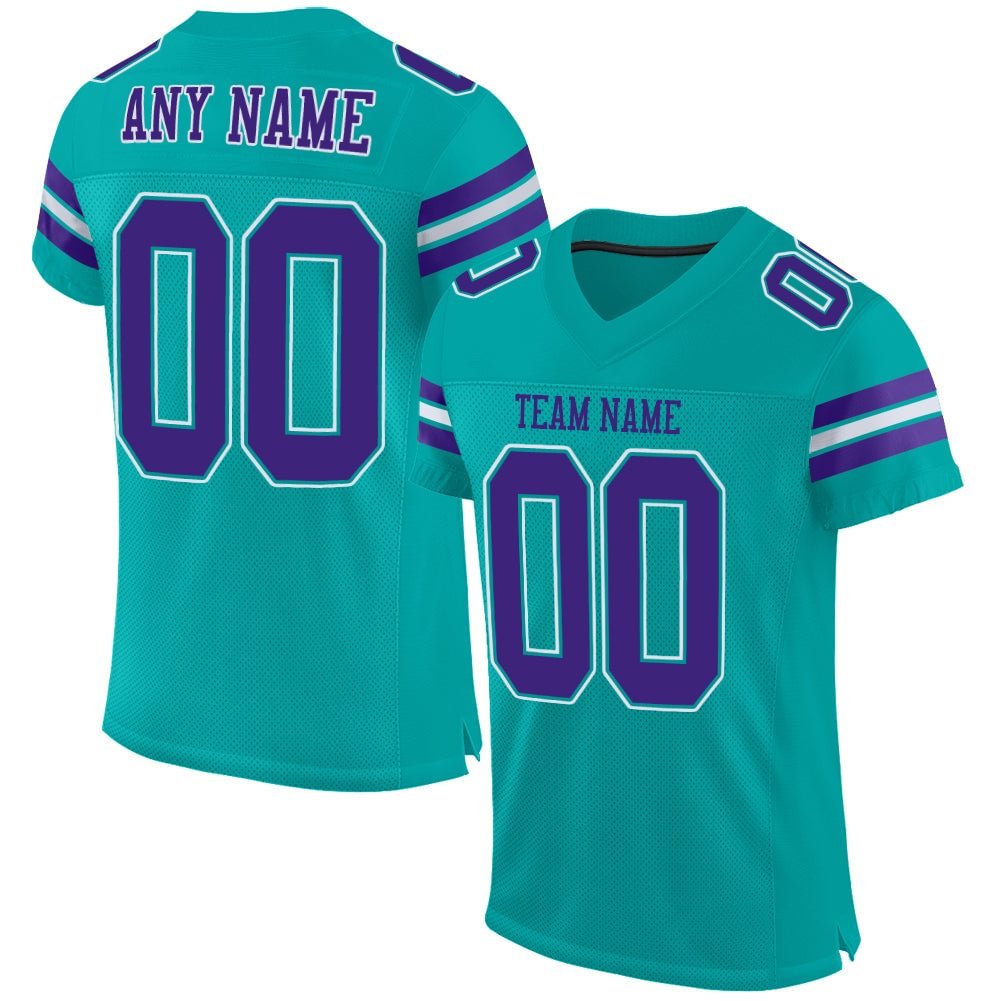 Custom Aqua Purple-White Mesh Football Jersey