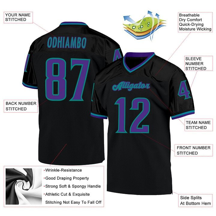 Custom Black Purple-Aqua Mesh Throwback Football Jersey