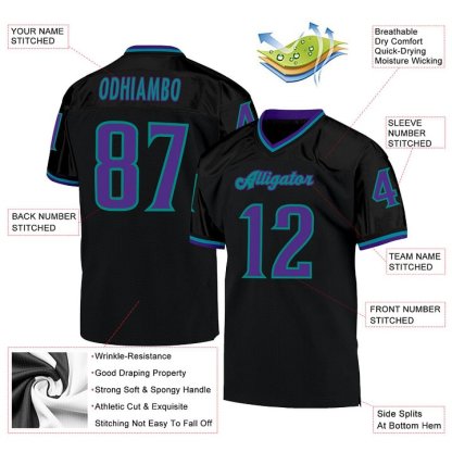 Custom Black Purple-Aqua Mesh Throwback Football Jersey