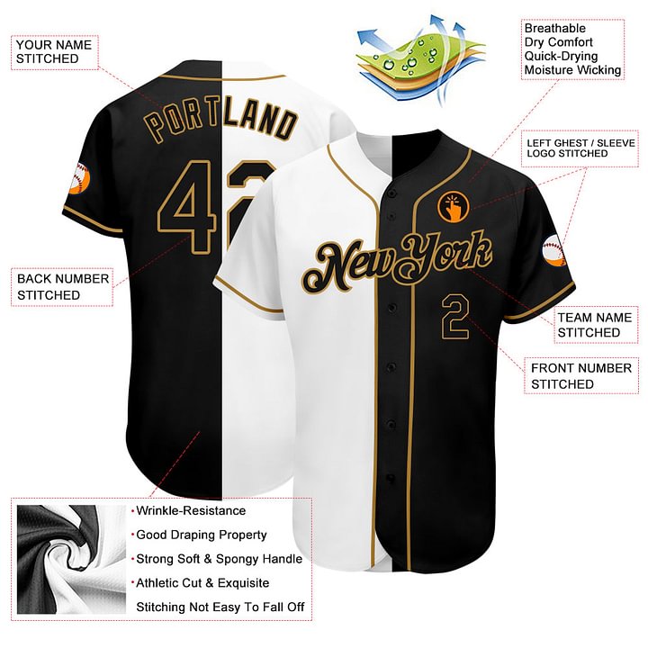 Custom White-Black Old Gold Split Fashion Baseball Jersey