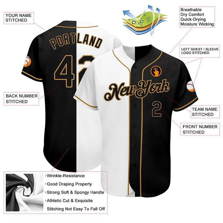 Custom White-Black Old Gold Split Fashion Baseball Jersey