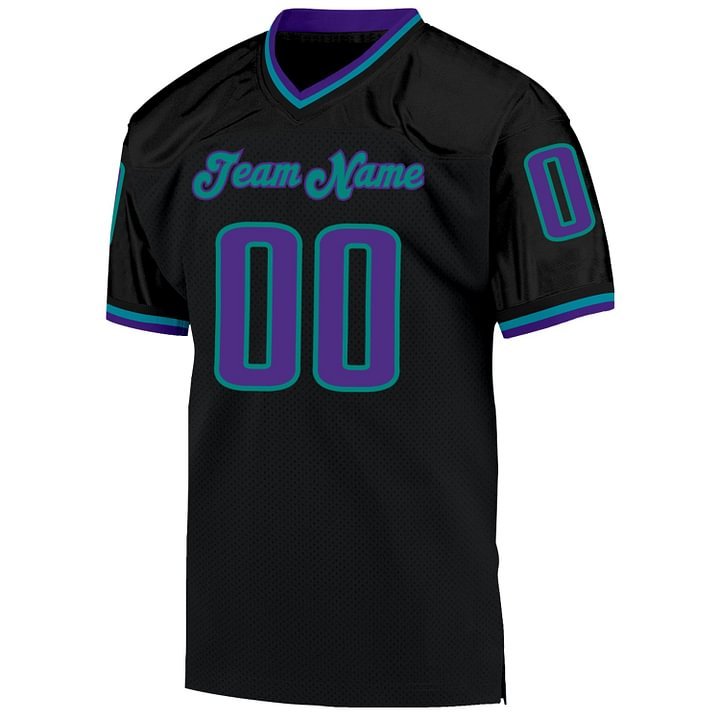 Custom Black Purple-Aqua Mesh Throwback Football Jersey