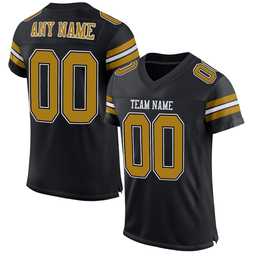 Custom Black Old Gold-White Mesh Football Jersey