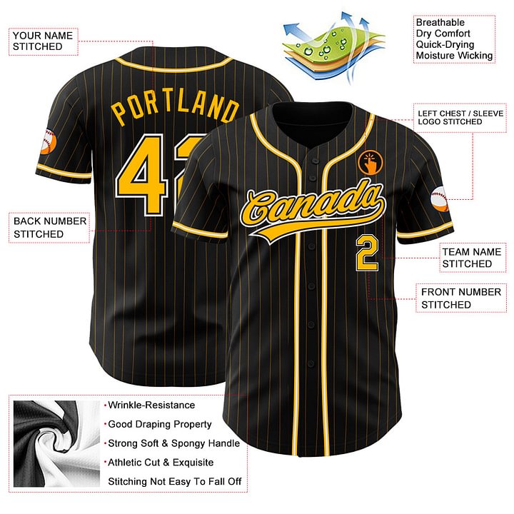 Custom Black Gold Pinstripe Gold-White Baseball Jersey