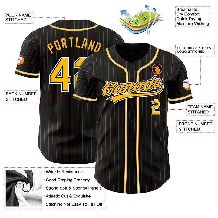 Custom Black Gold Pinstripe Gold-White Baseball Jersey