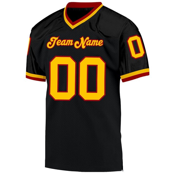 Custom Black Gold-Red MeshThrowback Football Jersey